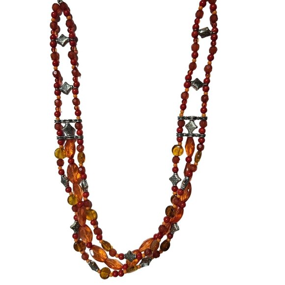 Vintage Retro 70s Red Orange Beaded Multi Layer Necklace Fashion Jewelry Women - Picture 1 of 4